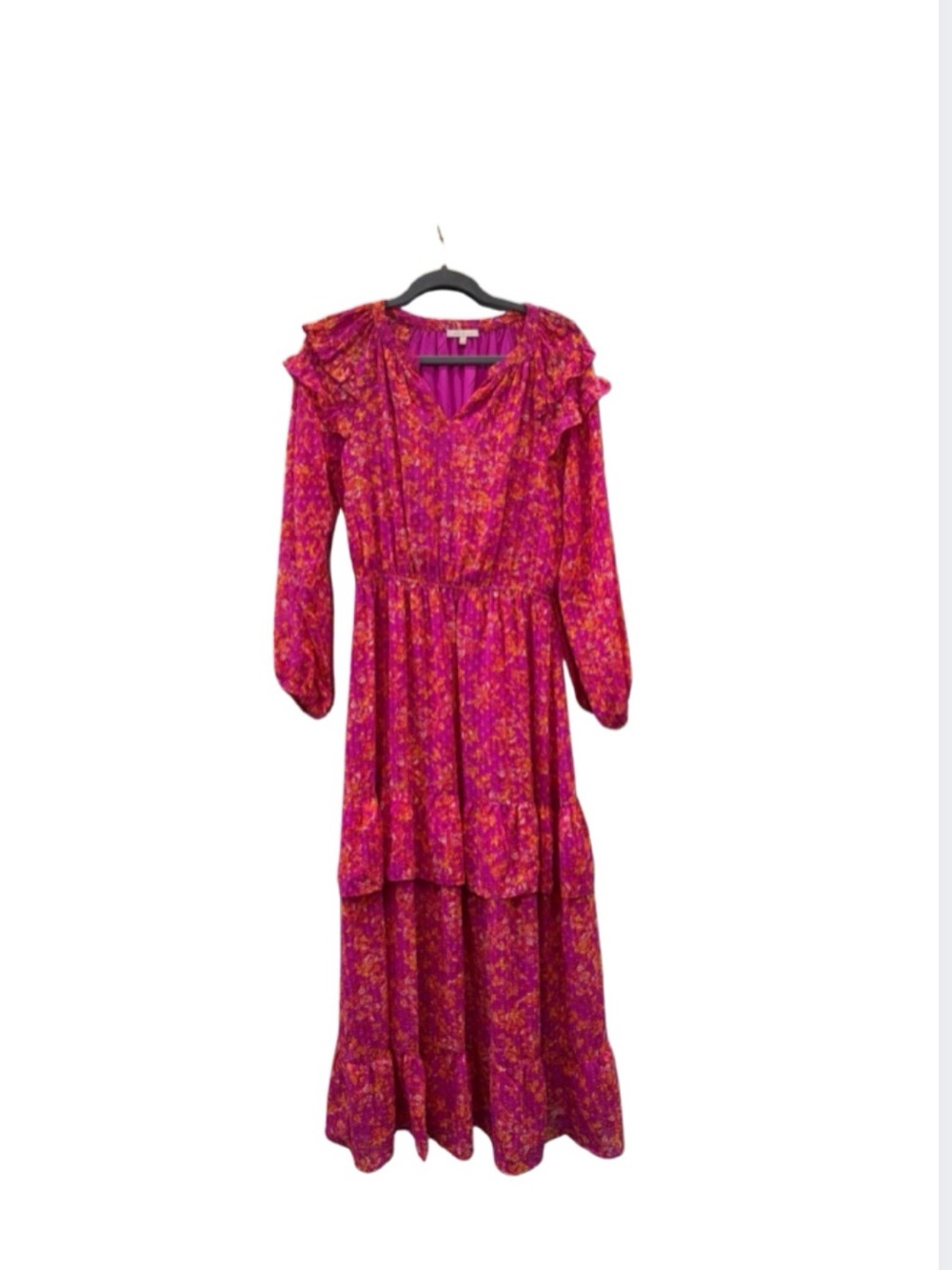 Maxi Dress in Fuchsia Floral Print - Elegant Long Sleeve Tiered Silhouette